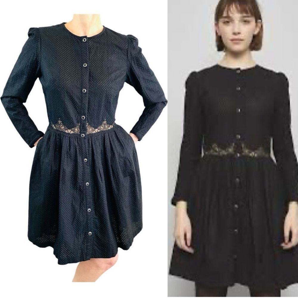 The Kooples Black Whimsygoth Long Sleeve Lace Button Down Dress in black